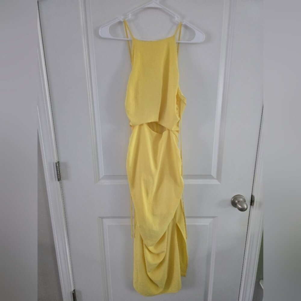 NSR Yellow Asymmetrical Ruched Midi Gown